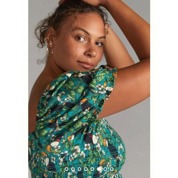 Dolan x Anthropologie M Green Left Coast Smocked Puff Sleeved Top Tropical Bird - Picture 7 of 15